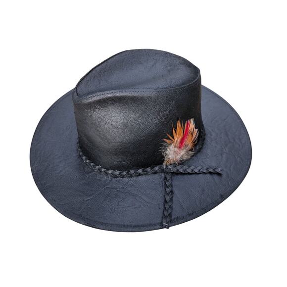 Vintage Distresssed Black Leather Cowboy Hat Feather Western Yellowstone Rugged - Picture 1 of 10